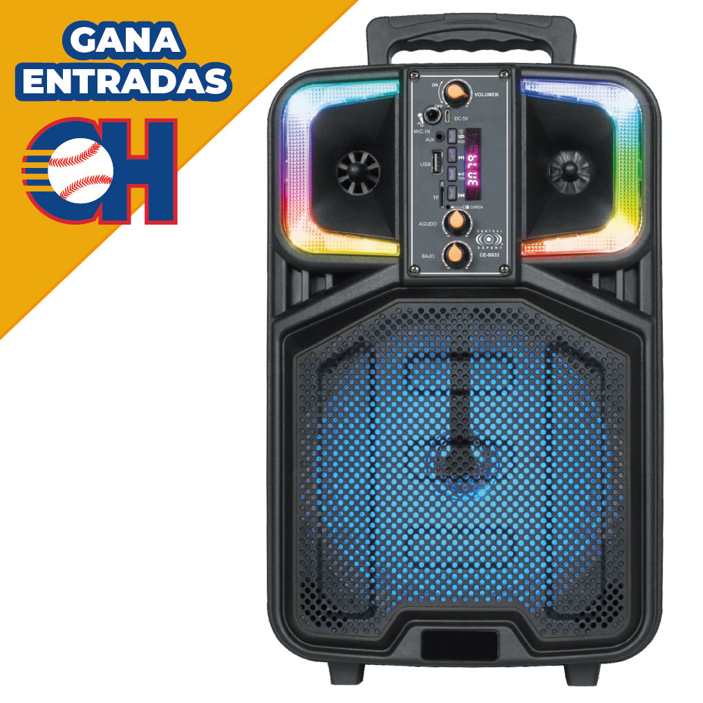Bocina Bluetooth Portátil 8” con Micrófono – 20W, LED, USB/SD, Radio FM