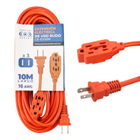 Extensión Eléctrica Uso Rudo 10 Metros Naranja Calibre 16 AWG, Cable Resistente con Clavija y Contacto Reforzados