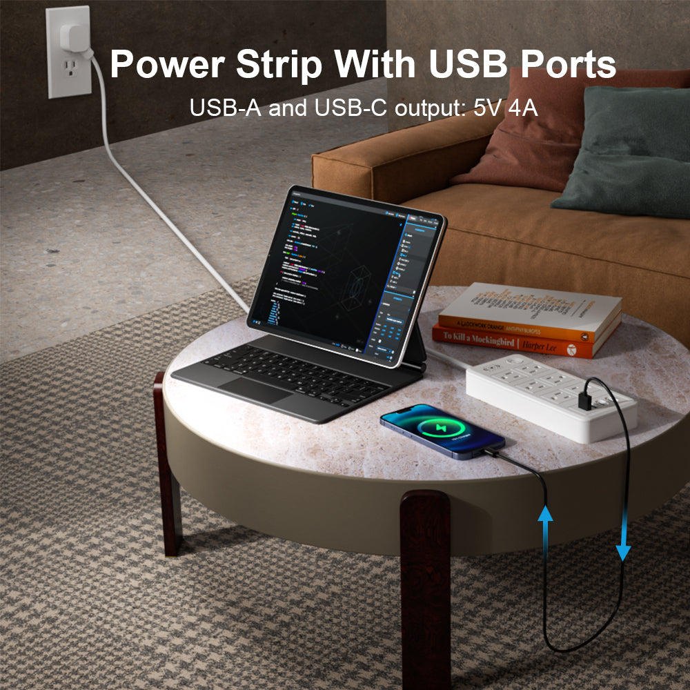 Multicontacto con Puertos USB y Tipo C – 6 Entradas con Carga Rápida y Cable Resistente (20W)