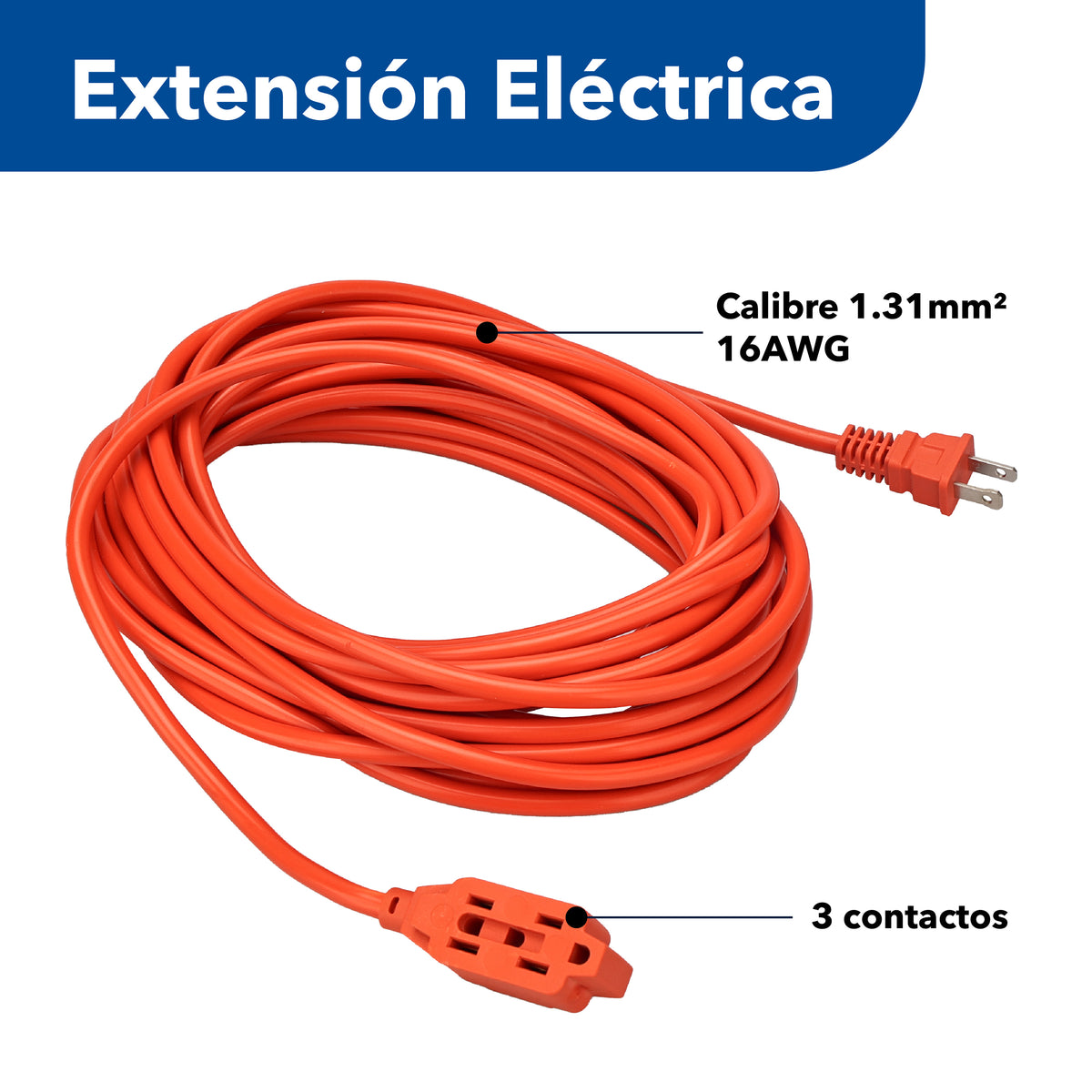 Extensión Eléctrica Uso Rudo 10 Metros Naranja Calibre 16 AWG, Cable Resistente con Clavija y Contacto Reforzados