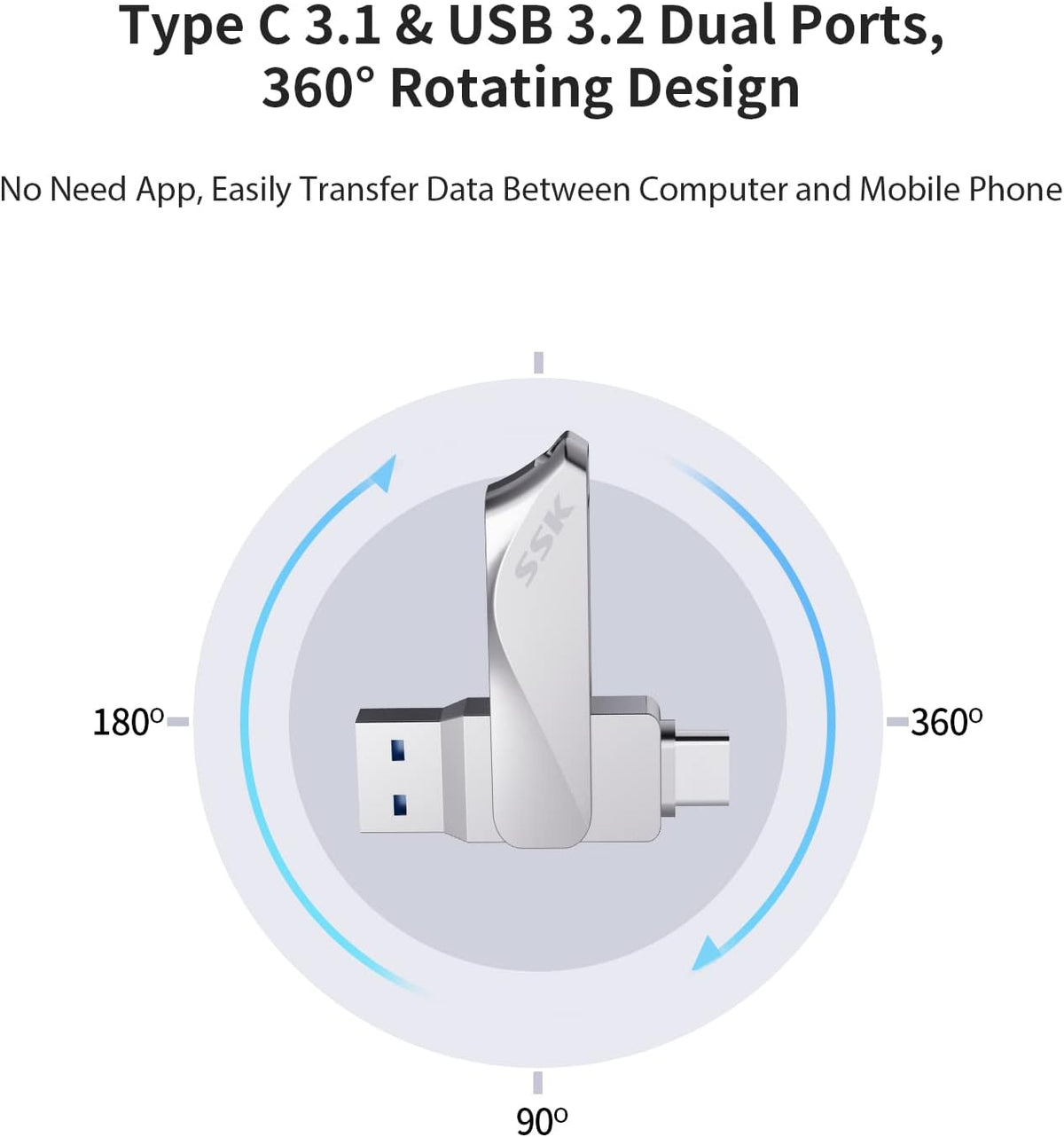 SSK - Unidad flash USB C de 128 GB, 2 en 1, OTG USB A 3.2 + tipo C, Thunderbolt, hasta 200 MB/s, para teléfonos Android
