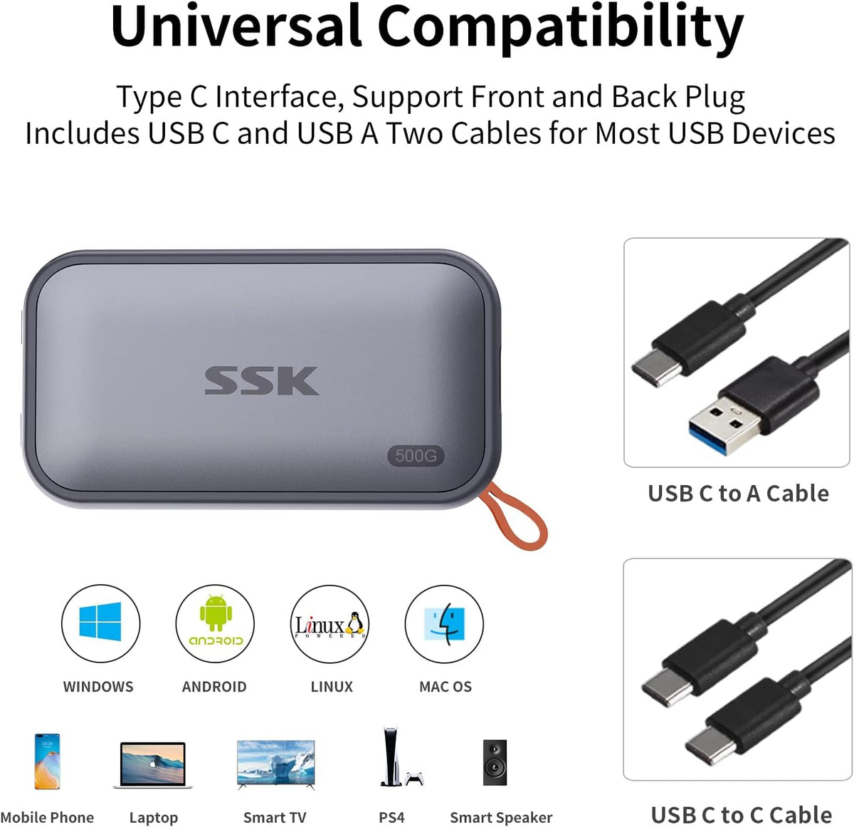 SSK SSD portátil de 500 GB de estado sólido externo, hasta 1050 MB/s, USB C SSD, disco duro externo USB 3.2 Gen2 para iPhone 15/Pro, Windows, Mac, teléfonos y tabletas Android