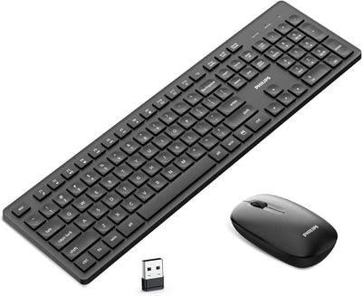 PHILIPS Combo Teclado y Mouse Inalámbricos SPT6318B/85, Conexión 2.4 GHz, Mouse Silencioso 1600 dpi, Teclas Multimedia, Diseño Compacto, Compatible con Windows, Mac y Linux