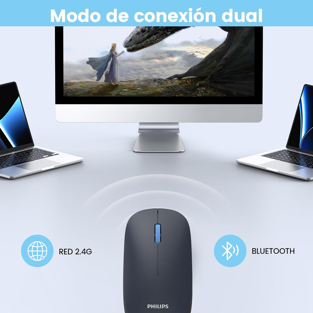Philips Mouse Inalámbrico, USB Mouse Inalámbrico con Reducción de Ruido, 2.4G Ergonómico, Compatible con Tabletas, Portátiles y Ordenadores, Ligero y Fácil de Transportar