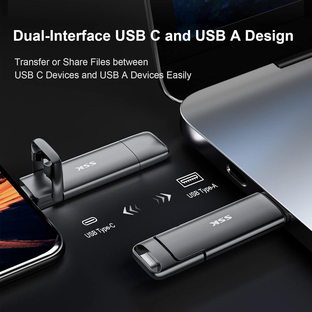 Unidad flash USB C dual de 256 GB, unidad flash 2 en 1 tipo C+ USB A 3.2 Gen2 de estado sólido, velocidad súper rápida de hasta 550 MB/s