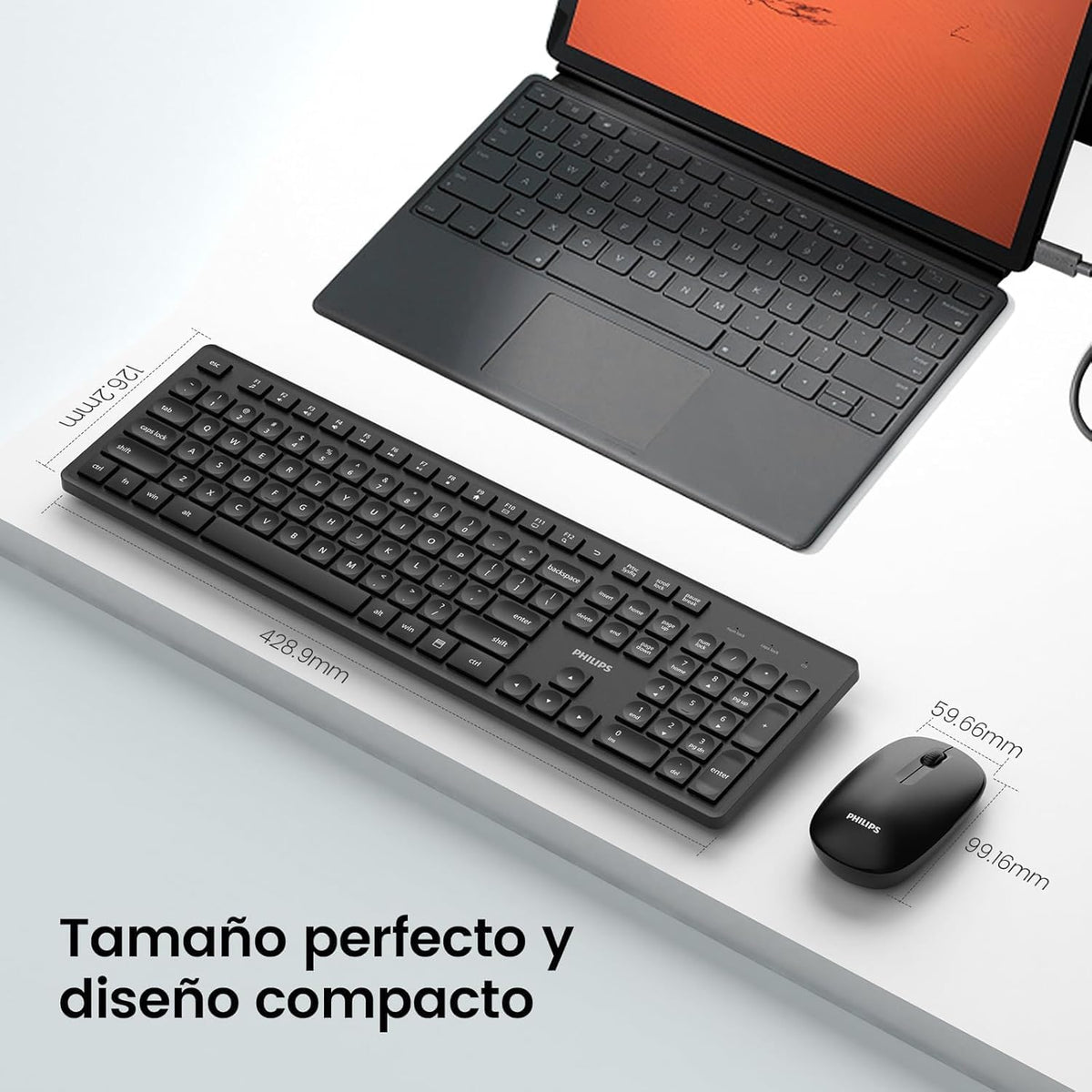 PHILIPS Combo Teclado y Mouse Inalámbricos SPT6318B/85, Conexión 2.4 GHz, Mouse Silencioso 1600 dpi, Teclas Multimedia, Diseño Compacto, Compatible con Windows, Mac y Linux