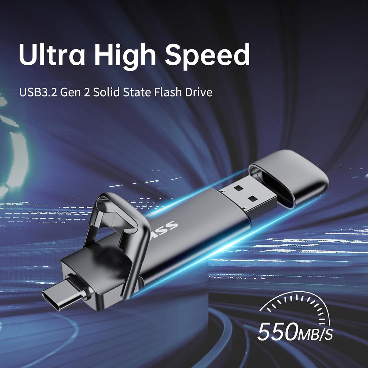 Unidad flash USB C dual de 256 GB, unidad flash 2 en 1 tipo C+ USB A 3.2 Gen2 de estado sólido, velocidad súper rápida de hasta 550 MB/s