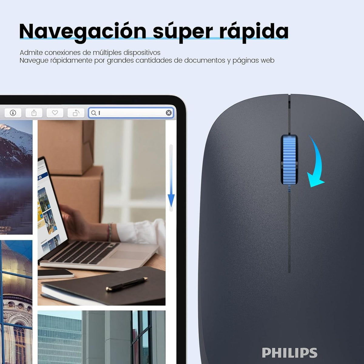 Philips Mouse Inalámbrico, USB Mouse Inalámbrico con Reducción de Ruido, 2.4G Ergonómico, Compatible con Tabletas, Portátiles y Ordenadores, Ligero y Fácil de Transportar