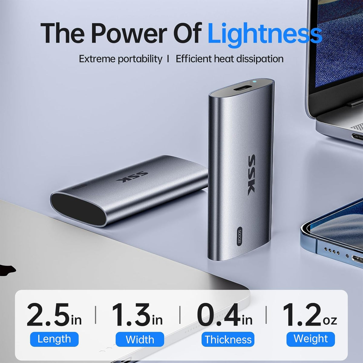 SSK SSD portátil de 500 GB, hasta 2000 MB/s, unidades externas de estado sólido, disco duro externo USB 3.2 Gen2X2 NVMe