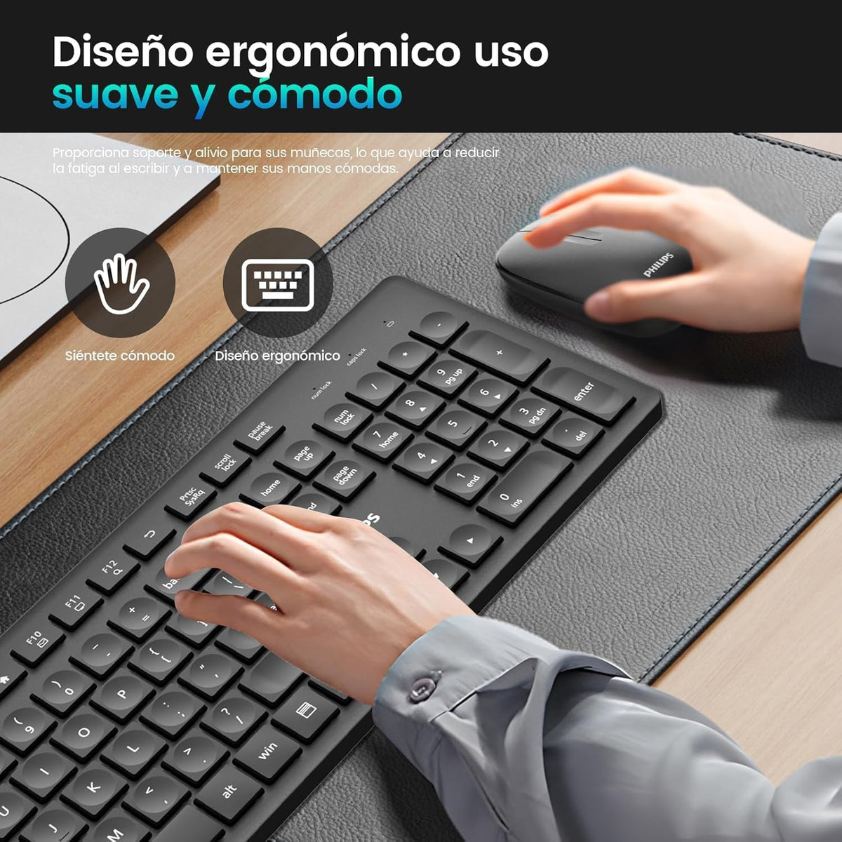 PHILIPS Combo Teclado y Mouse Inalámbricos SPT6318B/85, Conexión 2.4 GHz, Mouse Silencioso 1600 dpi, Teclas Multimedia, Diseño Compacto, Compatible con Windows, Mac y Linux