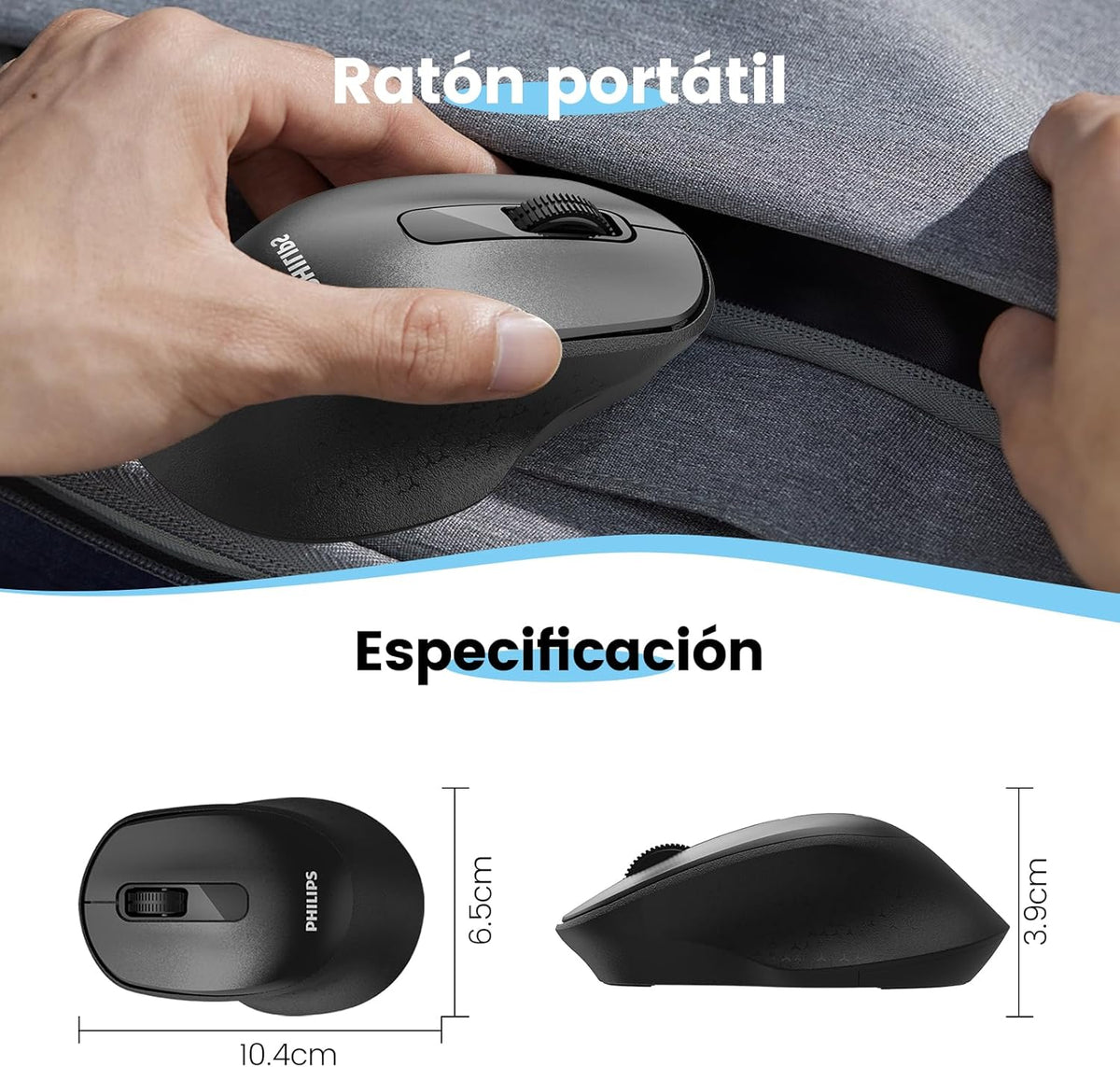 Philips Mouse Inalámbrico SPK7448 Mouse Ergonómico Conexión USB, Diseño Cómodo, 3 Botones, Rueda de Desplazamiento, para Computadora, Laptop, PC, Portátil, Oficina y Hogar
