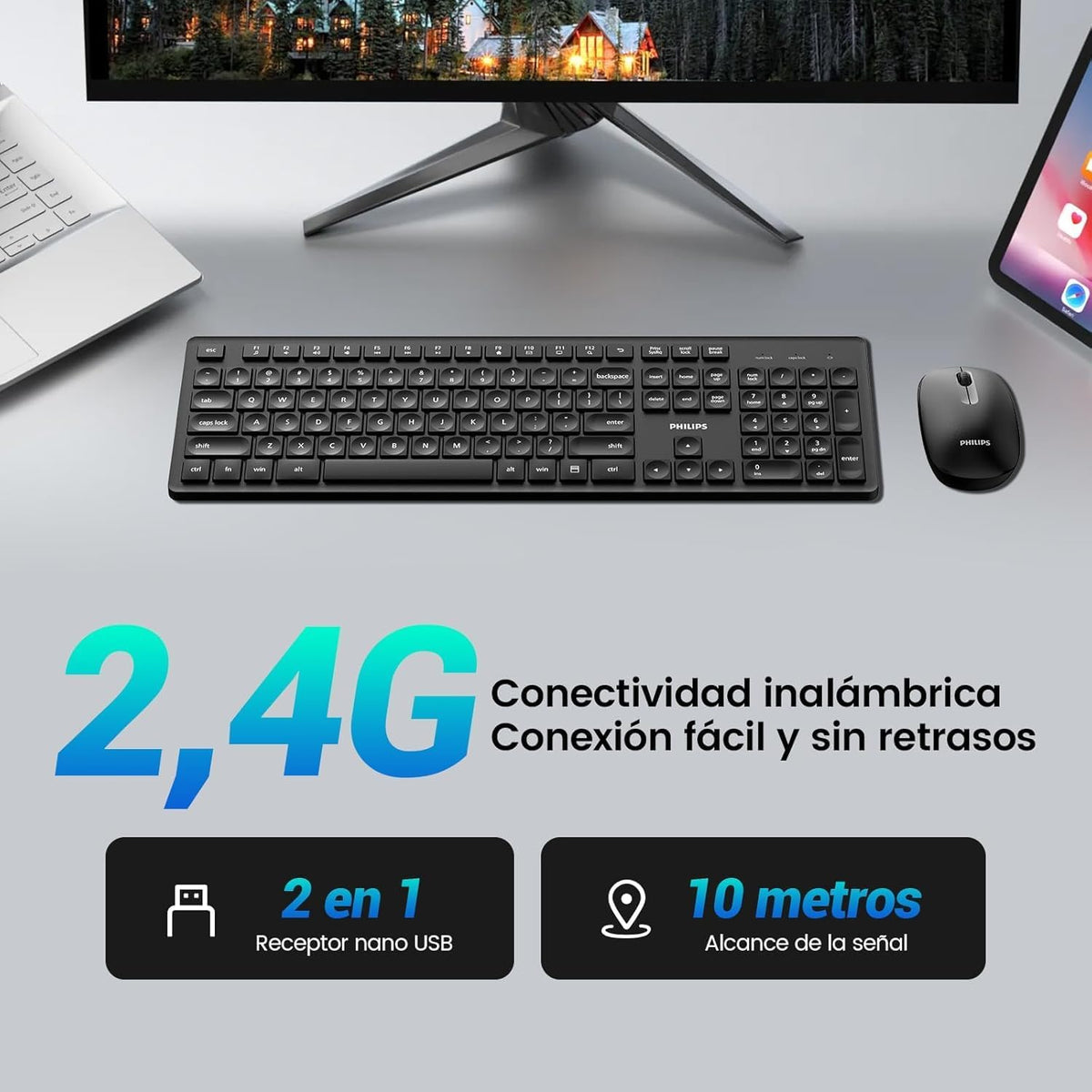 PHILIPS Combo Teclado y Mouse Inalámbricos SPT6318B/85, Conexión 2.4 GHz, Mouse Silencioso 1600 dpi, Teclas Multimedia, Diseño Compacto, Compatible con Windows, Mac y Linux