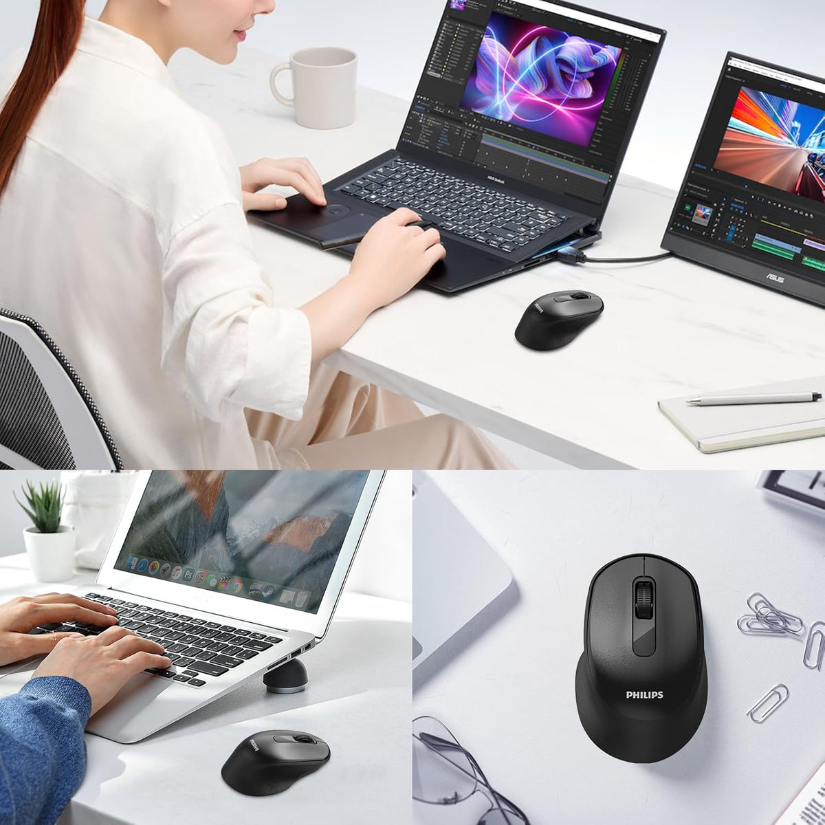Philips Mouse Inalámbrico SPK7448 Mouse Ergonómico Conexión USB, Diseño Cómodo, 3 Botones, Rueda de Desplazamiento, para Computadora, Laptop, PC, Portátil, Oficina y Hogar