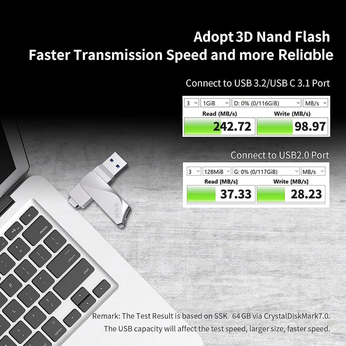 SSK - Unidad flash USB C de 64 GB, 2 en 1, OTG USB A 3.2 + tipo C, Thunderbolt Pendrive hasta 200 MB/s