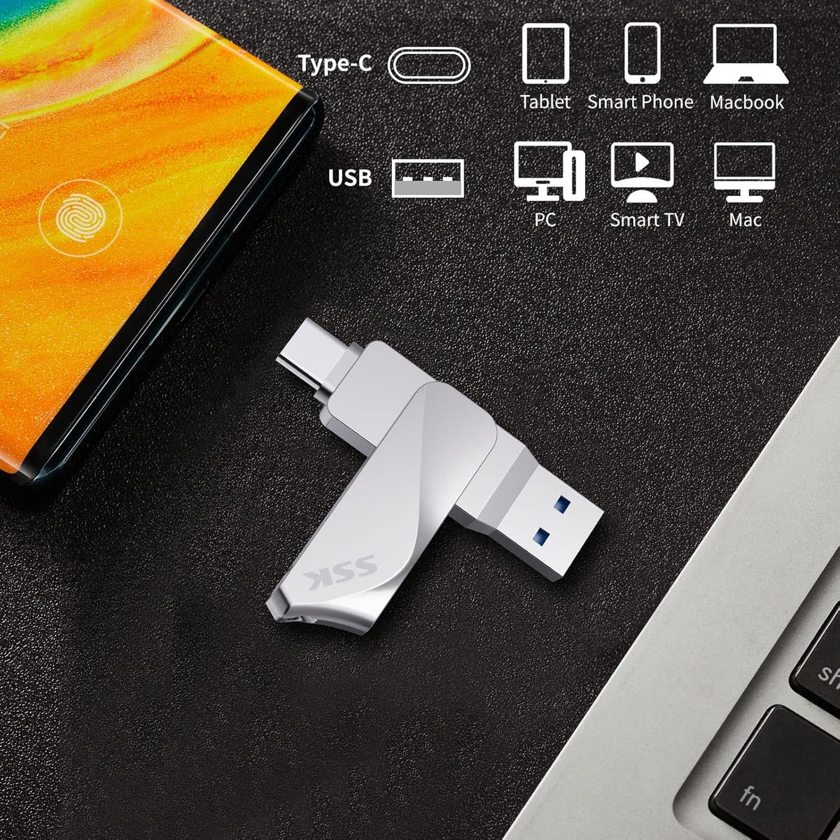 SSK - Unidad flash USB C de 128 GB, 2 en 1, OTG USB A 3.2 + tipo C, Thunderbolt, hasta 200 MB/s, para teléfonos Android