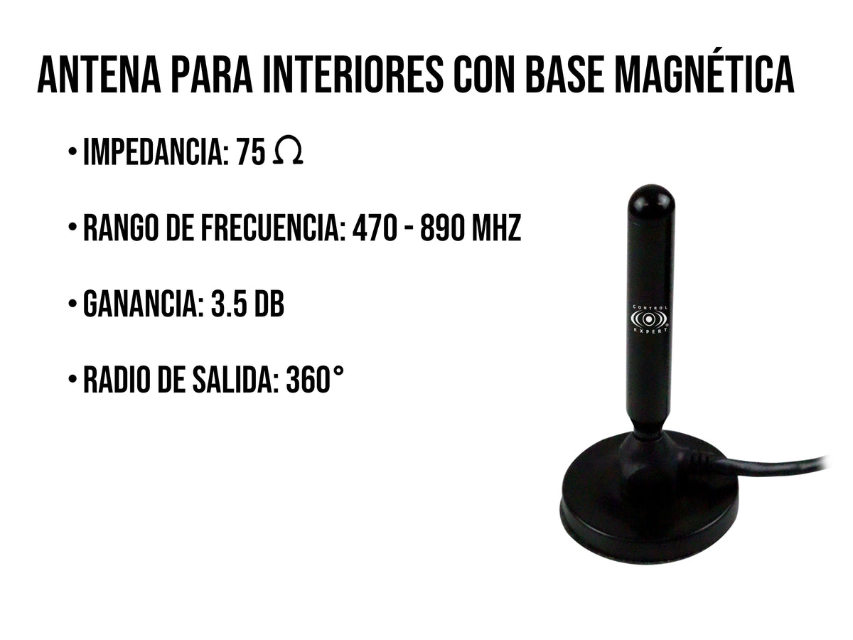 Antena HD con Base de Imán – Frecuencia UHF 470-890 MHz, 360° de Cobertura