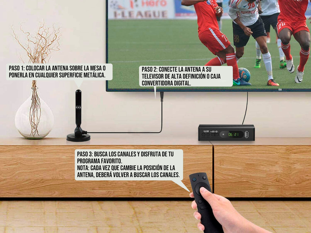 Antena HD con Base de Imán – Frecuencia UHF 470-890 MHz, 360° de Cobertura