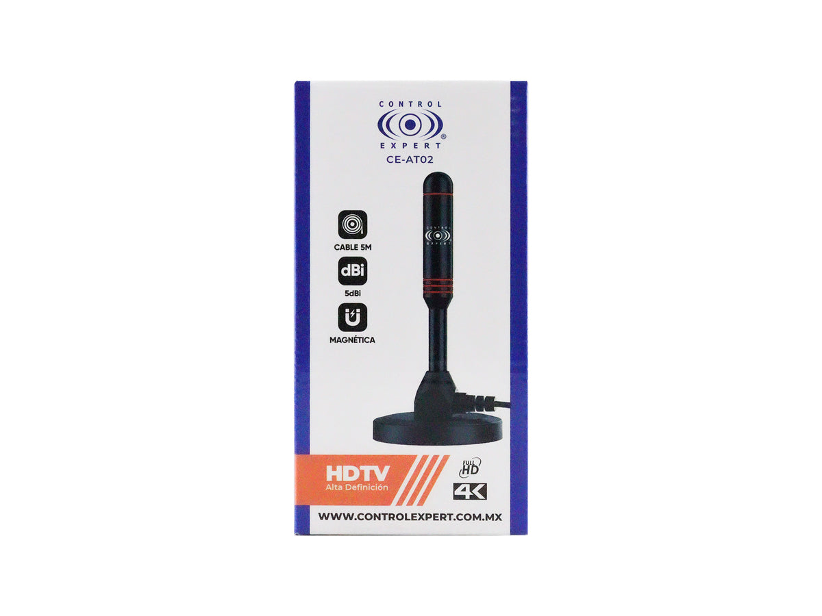 Antena HD de Imán para TV – VHF/UHF, 5 dB de Ganancia, Base Magnética