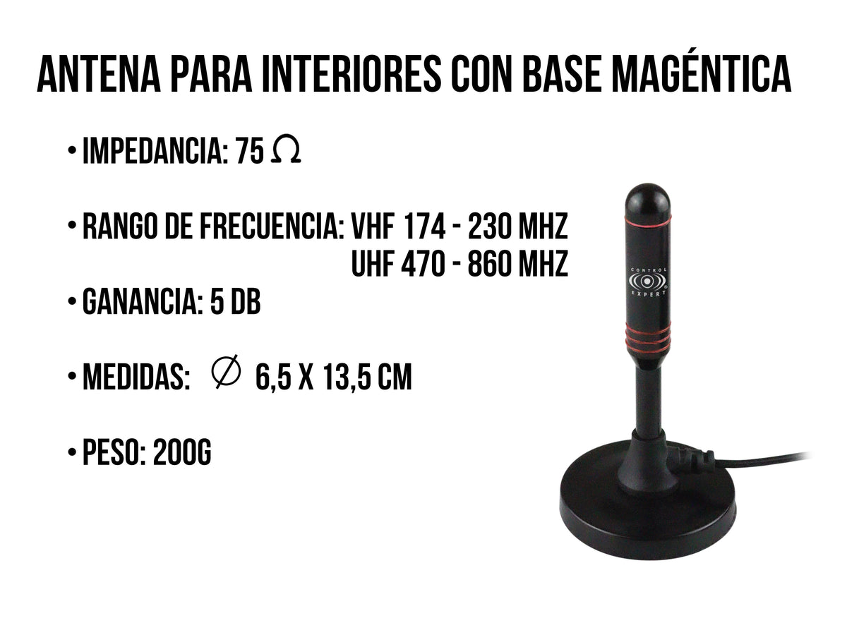 Antena HD de Imán para TV – VHF/UHF, 5 dB de Ganancia, Base Magnética