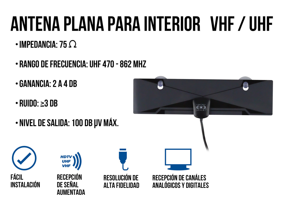 Antena Plana HD para Interior con Ventosas – Alta Fidelidad y Recepción Mejorada HDTV/VHF/UHF