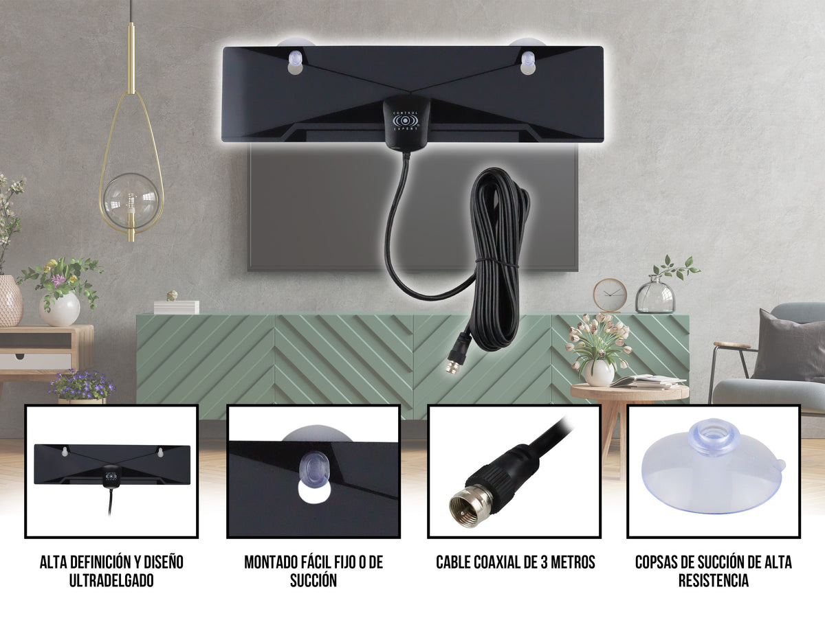 Antena Plana HD para Interior con Ventosas – Alta Fidelidad y Recepción Mejorada HDTV/VHF/UHF