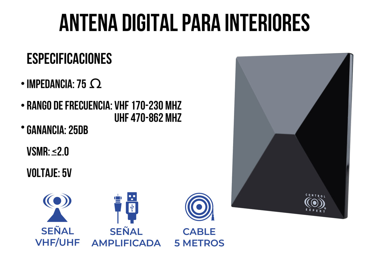 Antena de Alta Definición con Amplificador – VHF/UHF, 25 dB de Ganancia, 5V