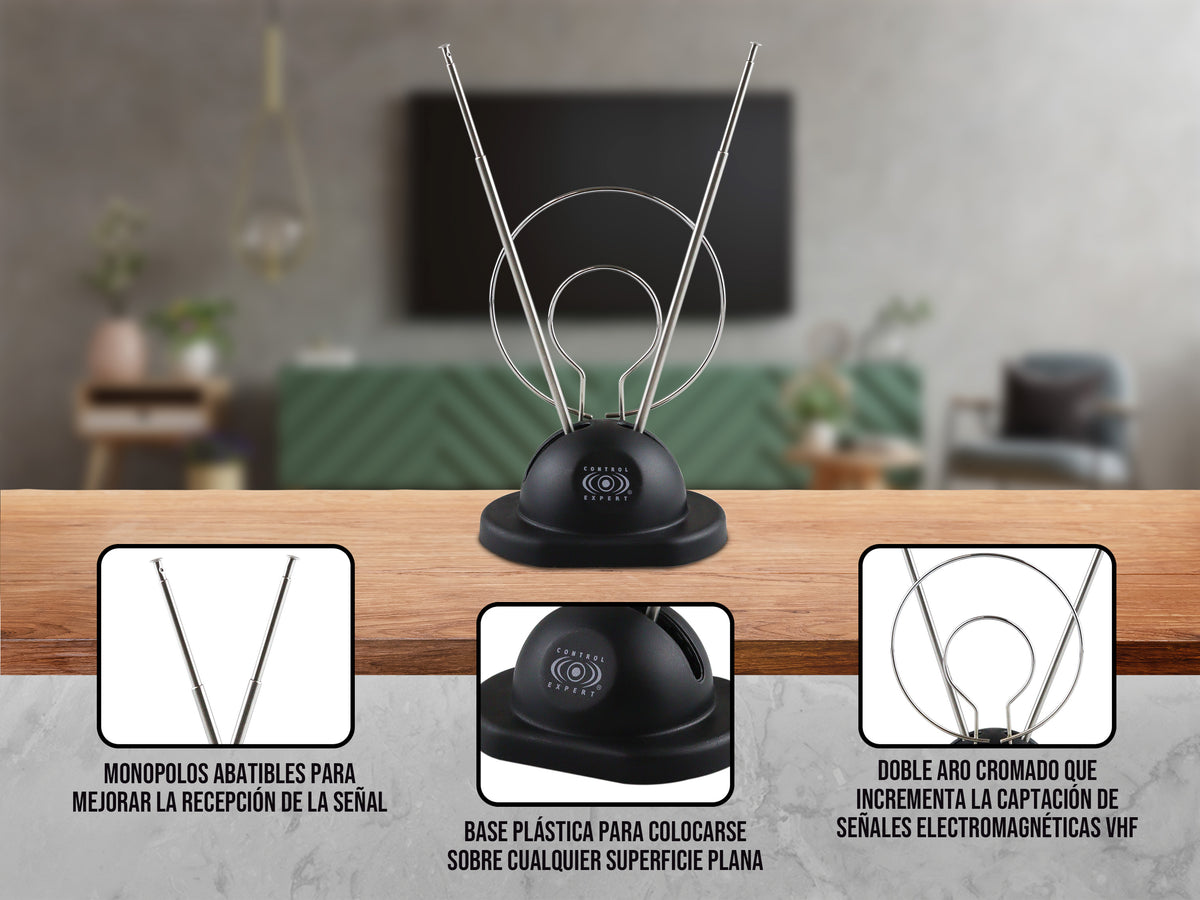 Antena de Conejo Universal con Anillos Metálicos – Alta Recepción HDTV/VHF/UHF