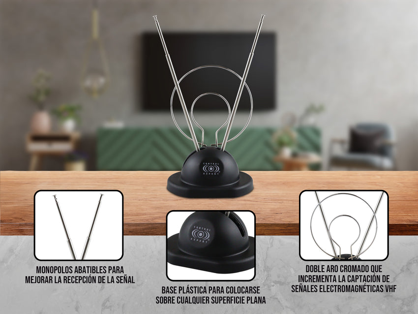 Antena de Conejo Universal con Anillos Metálicos – Alta Recepción HDTV/VHF/UHF