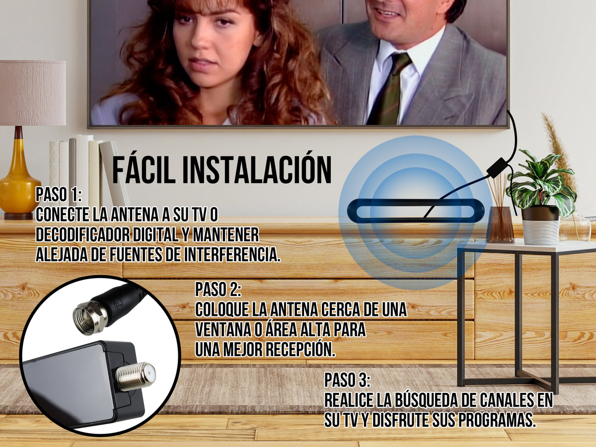 Antena de Interior con Amplificador USB y Cable Coaxial de 5 Metros – Máxima Recepción UHF / MHz