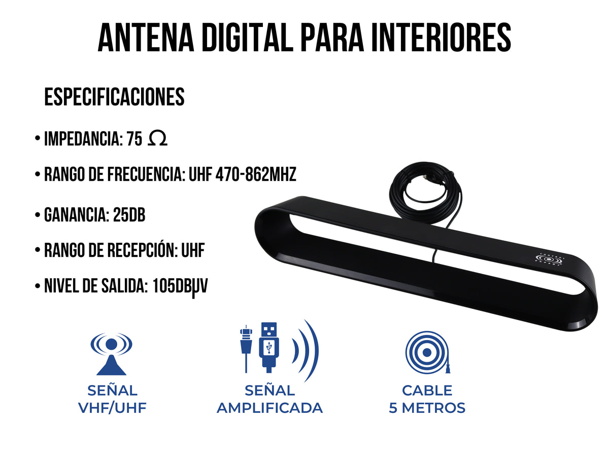 Antena de Interior con Amplificador USB y Cable Coaxial de 5 Metros – Máxima Recepción UHF / MHz