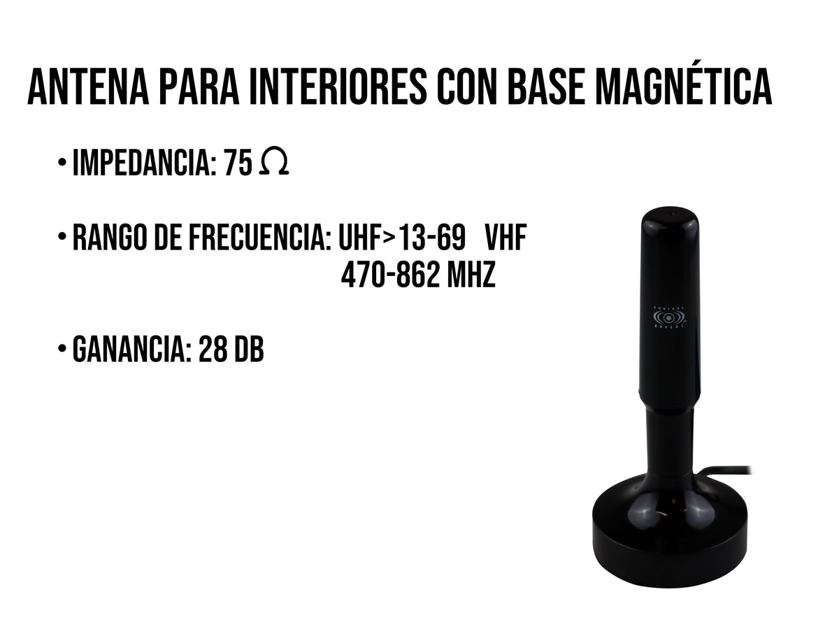 Antena de interior HD con Base Magnética y con Cable Coaxial de 3 Metros