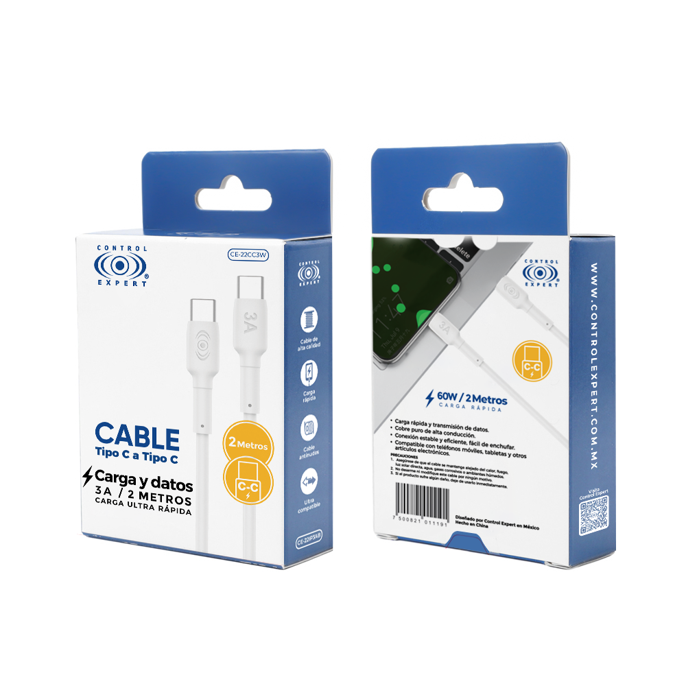 Cable Usb C A Usb C 60w Carga Rápida 20V 3A 2 Metros