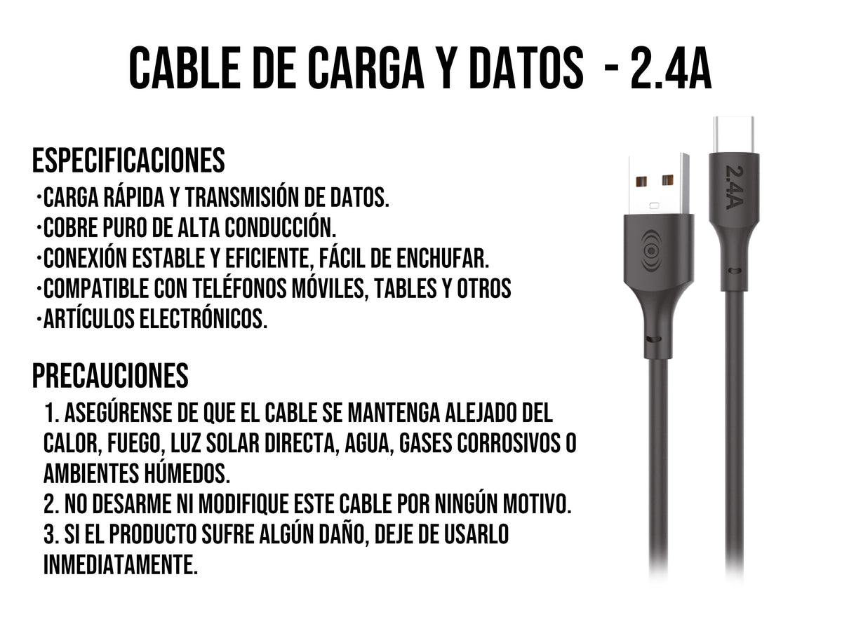 Cable USB a Tipo C Negro 1 metro 2.4 A