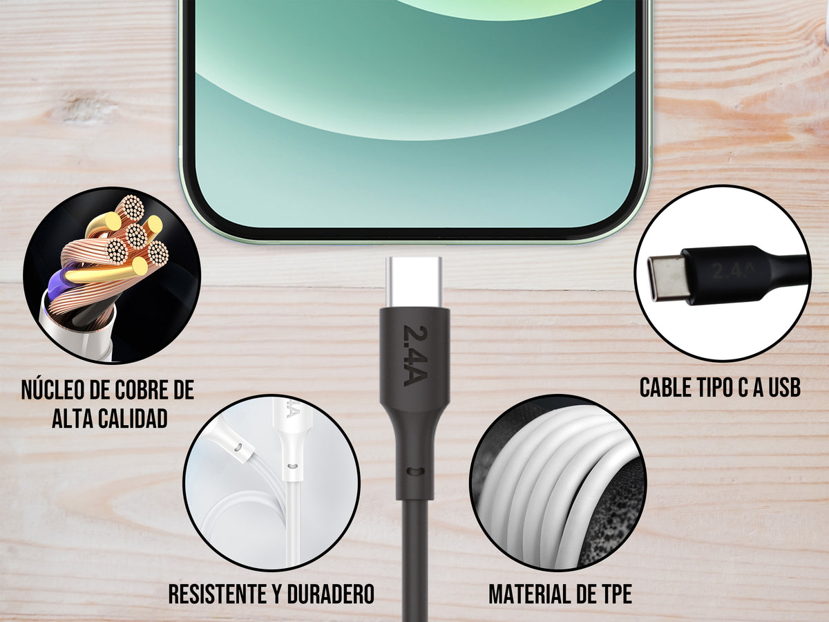 Cable USB a Tipo C Negro 1 metro 2.4 A