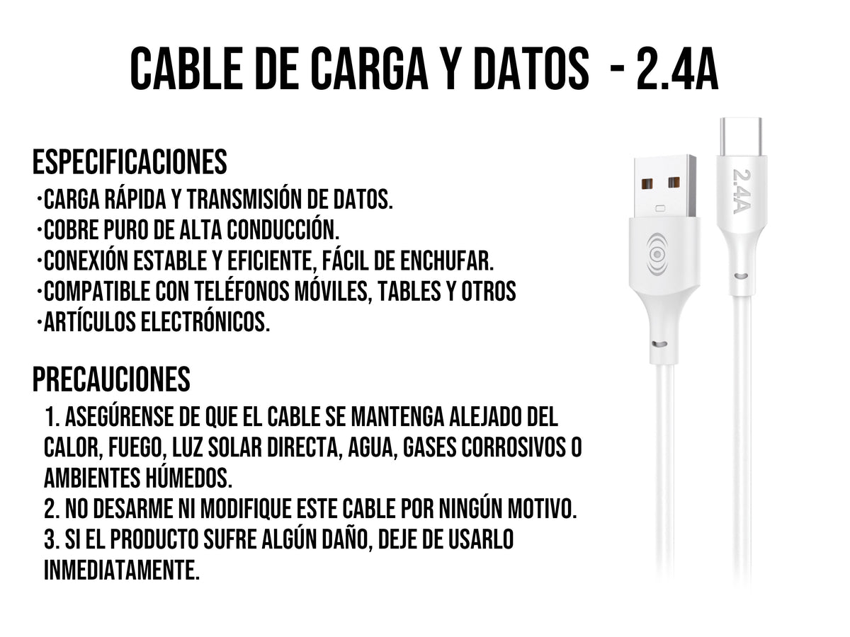 Cable USB a Tipo C Blanco 1 metro 2.4 A