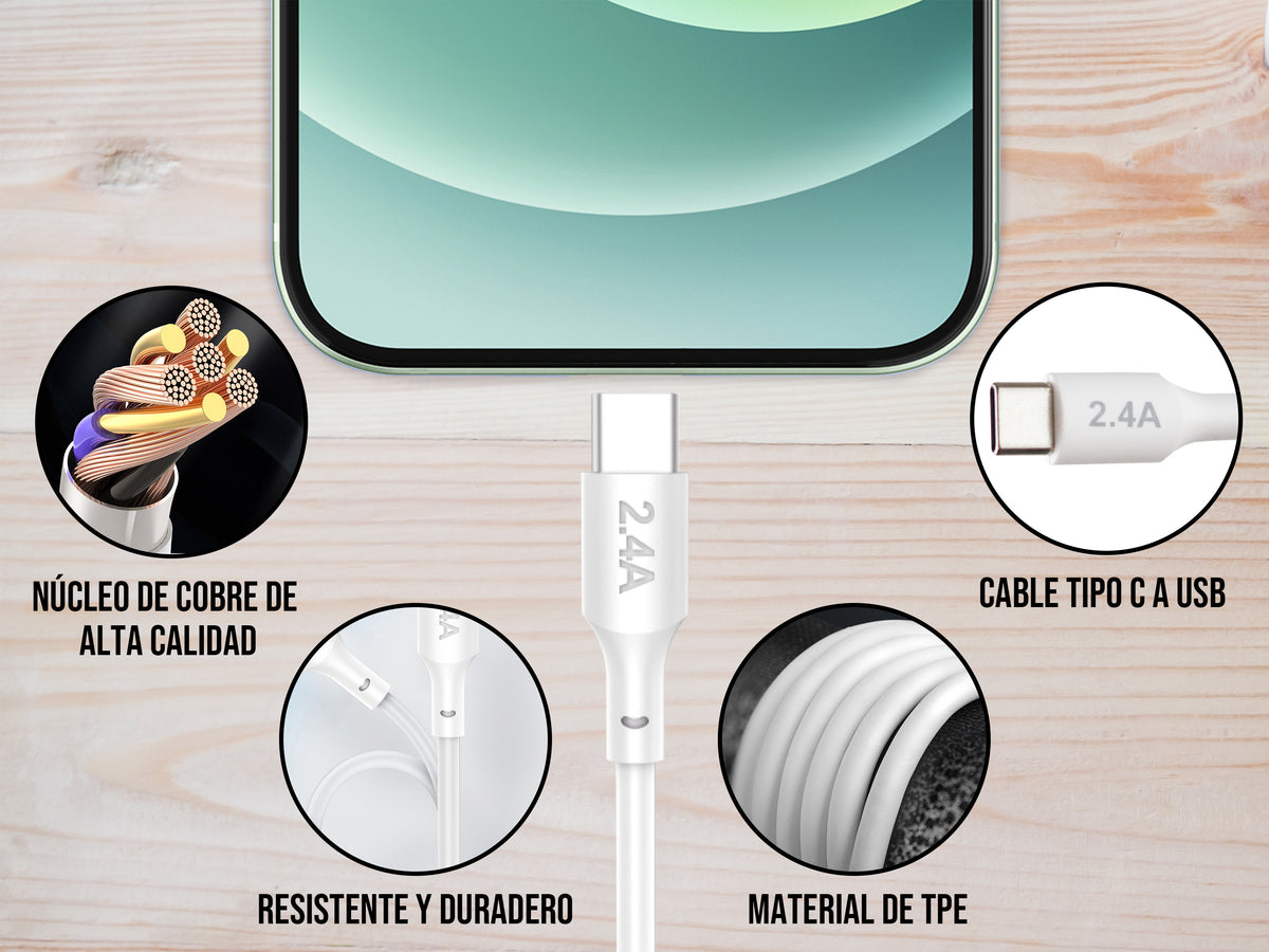 Cable USB a Tipo C Blanco 1 metro 2.4 A