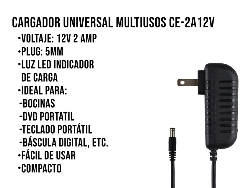 Eliminador de 12V a 2AMP Punta Negra 5mm