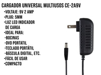 Eliminador de 9V a 2AMP Punta Negra 5mm