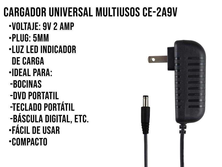 Eliminador de 9V a 2AMP Punta Negra 5mm