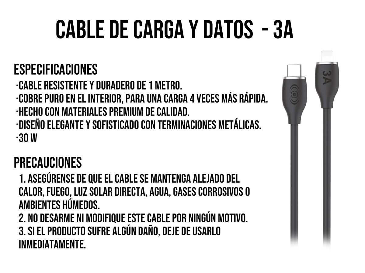 Cable Tipo C a iPhone 30W Carga Rápida Negro