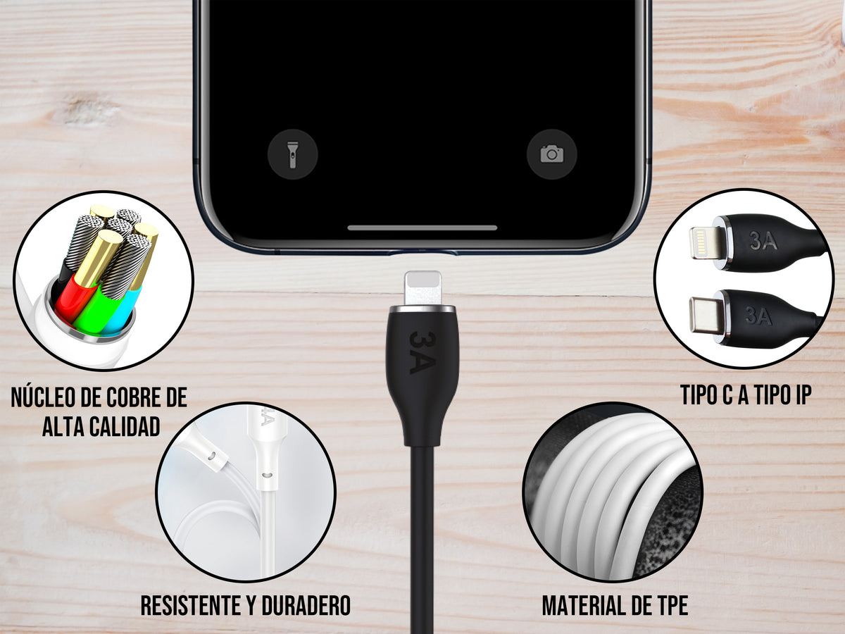 Cable Tipo C a iPhone 30W Carga Rápida Negro