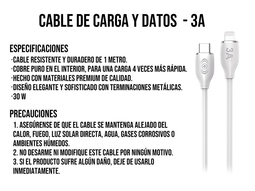 Cable Tipo a iPhone 30W Carga Rápida Blanco