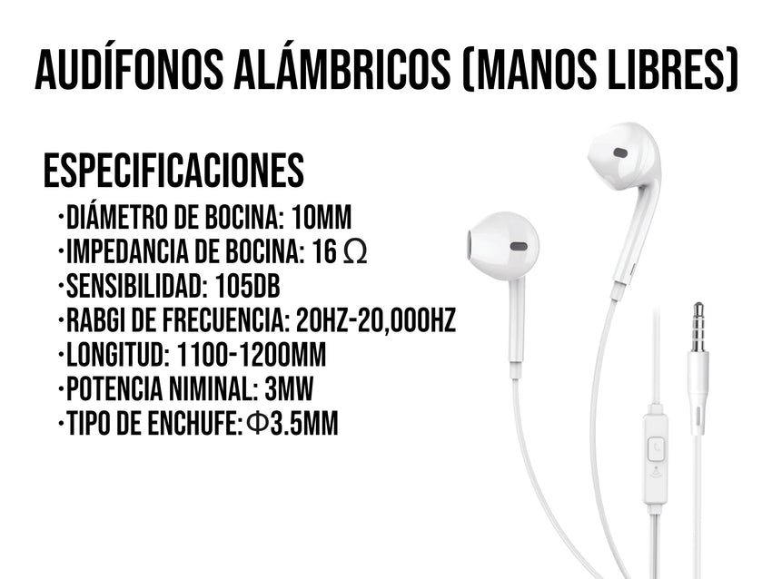 Audífonos Manos Libres Alámbricos Blancos