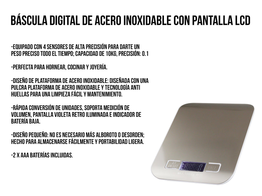 Báscula Digital de Acero Inoxidable Pantalla LCD 10 kg – 0.1 p