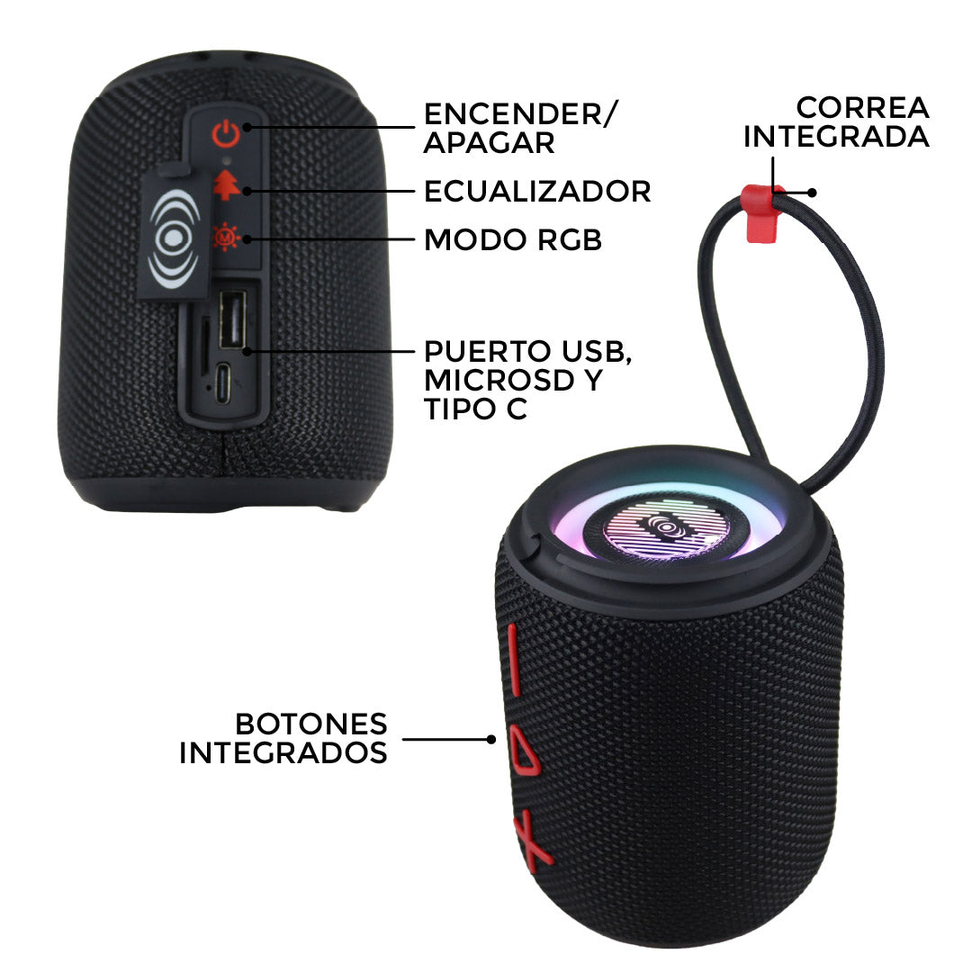 Bocina Bluetooth Inalámbrica Hi-Fi - 10W con Luces LED y TWS Puerto USB Micro SD