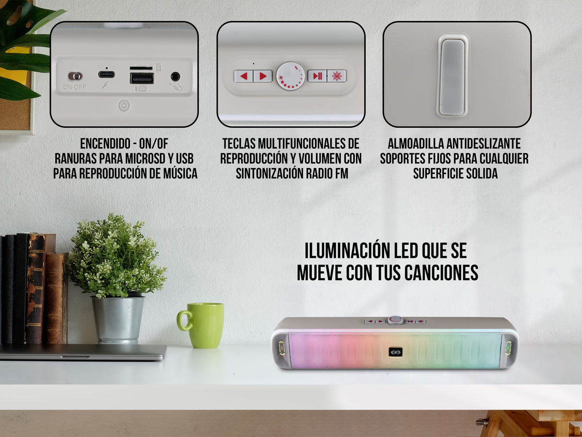Bocina Portátil Tipo Barra CE-B383 – Luces RGB, Bluetooth 5.3 y Manos Libres
