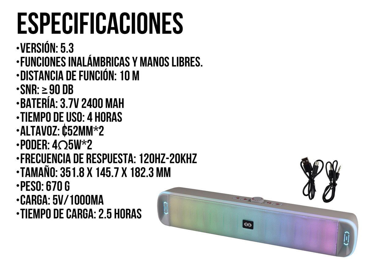 Bocina Portátil Tipo Barra CE-B383 – Luces RGB, Bluetooth 5.3 y Manos Libres