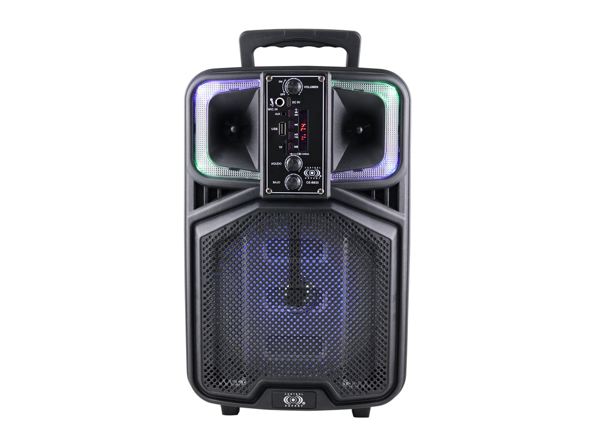 Bocina Bluetooth Portátil 8” con Micrófono – 20W, LED, USB/SD, Radio FM