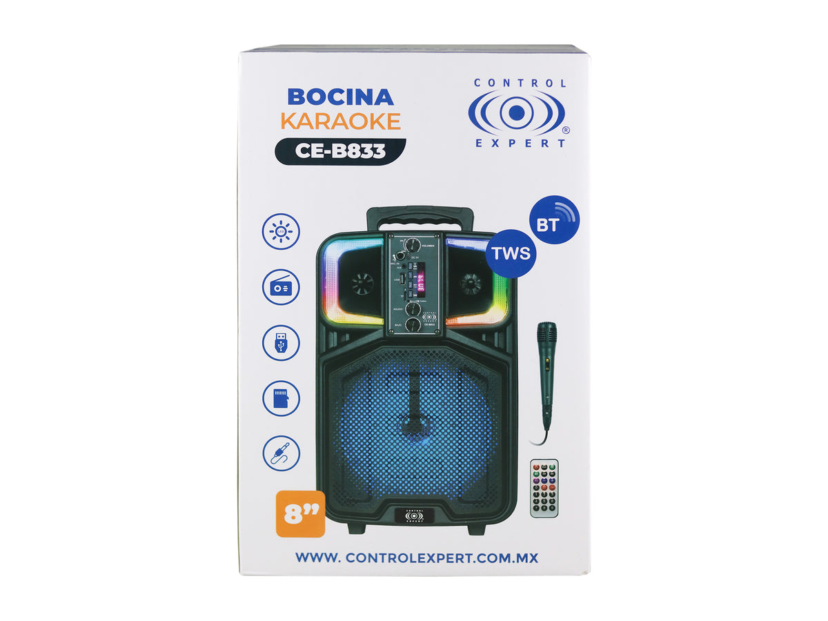Bocina Bluetooth Portátil 8” con Micrófono – 20W, LED, USB/SD, Radio FM
