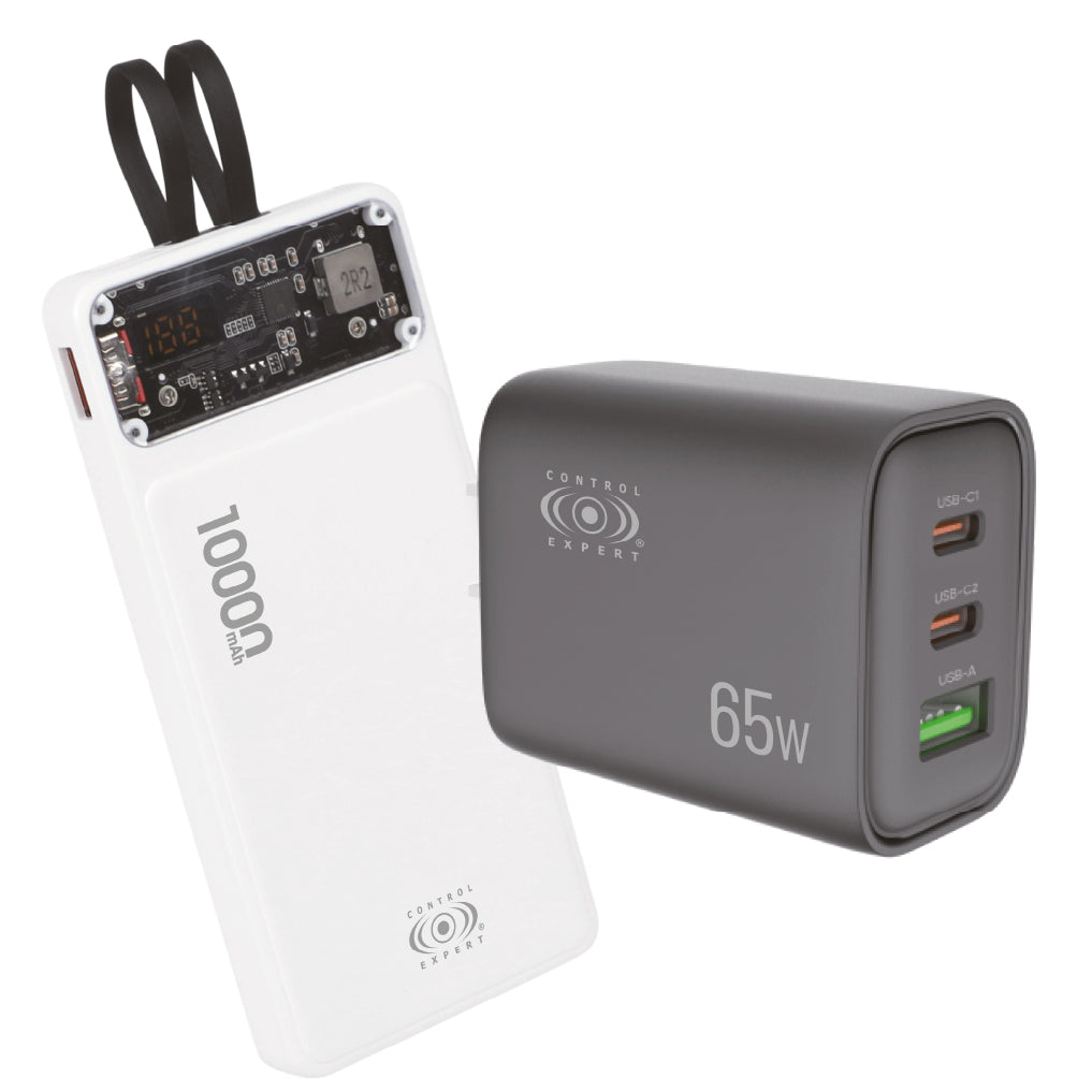 Combo Cargador 65w con 3 puertos y Power bank de 10,000 maH Carga Rapida